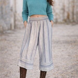 Land N Sea Blue White Linen Blend Strip Crop Wide Leg Nautical Pants Medium